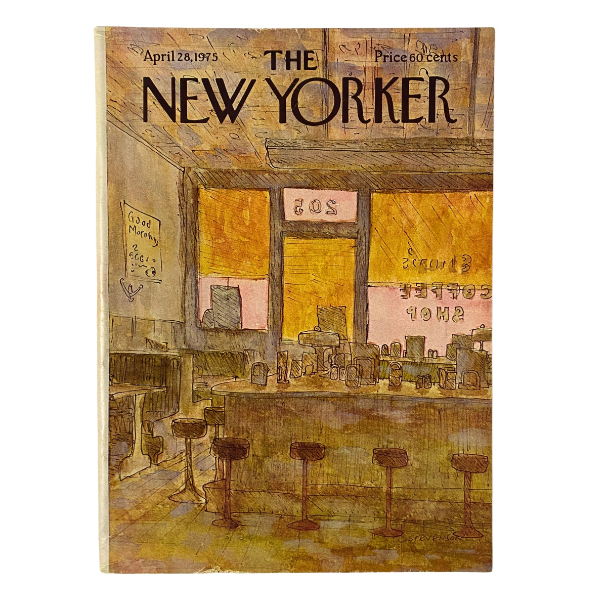 Cover of The New Yorker magazine, April 28, 1975, featuring a unique illustration by James Stevenson depicting a coffee shop interior.