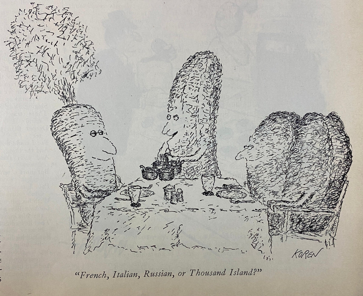 Illustration from The New Yorker magazine, April 28, 1975, featuring a humorous drawing involving anthropomorphic food characters discussing salad dressings.
