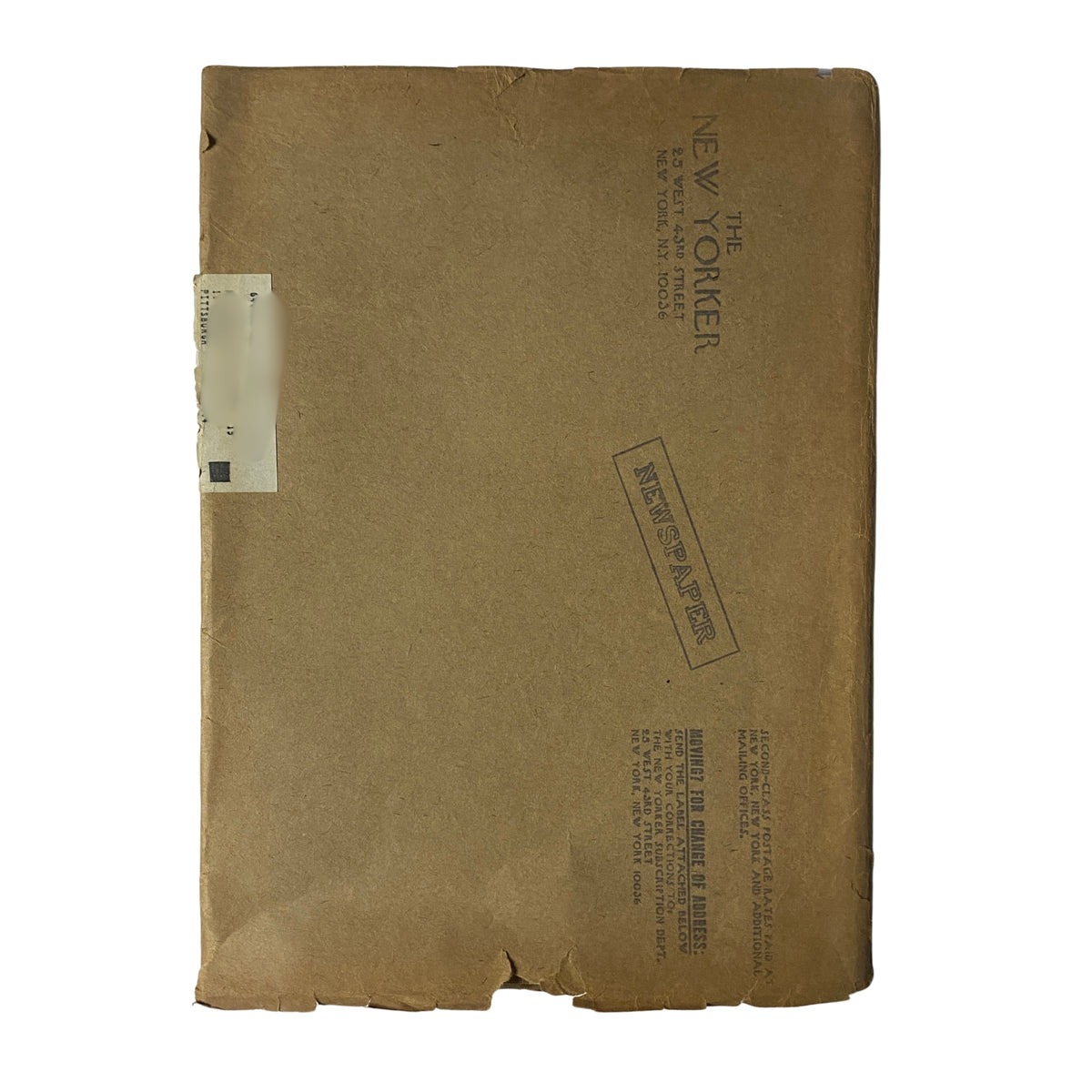 Back side of The New Yorker Full Magazine April 28, 1975 showing brown paper cover with magazine address details, emphasizing its vintage nature.