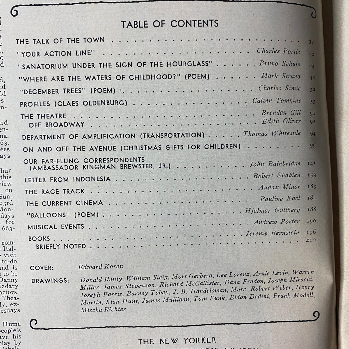 Table of contents page from The New Yorker, December 12, 1977, listing notable articles and artworks, including cover by Edward Koren.