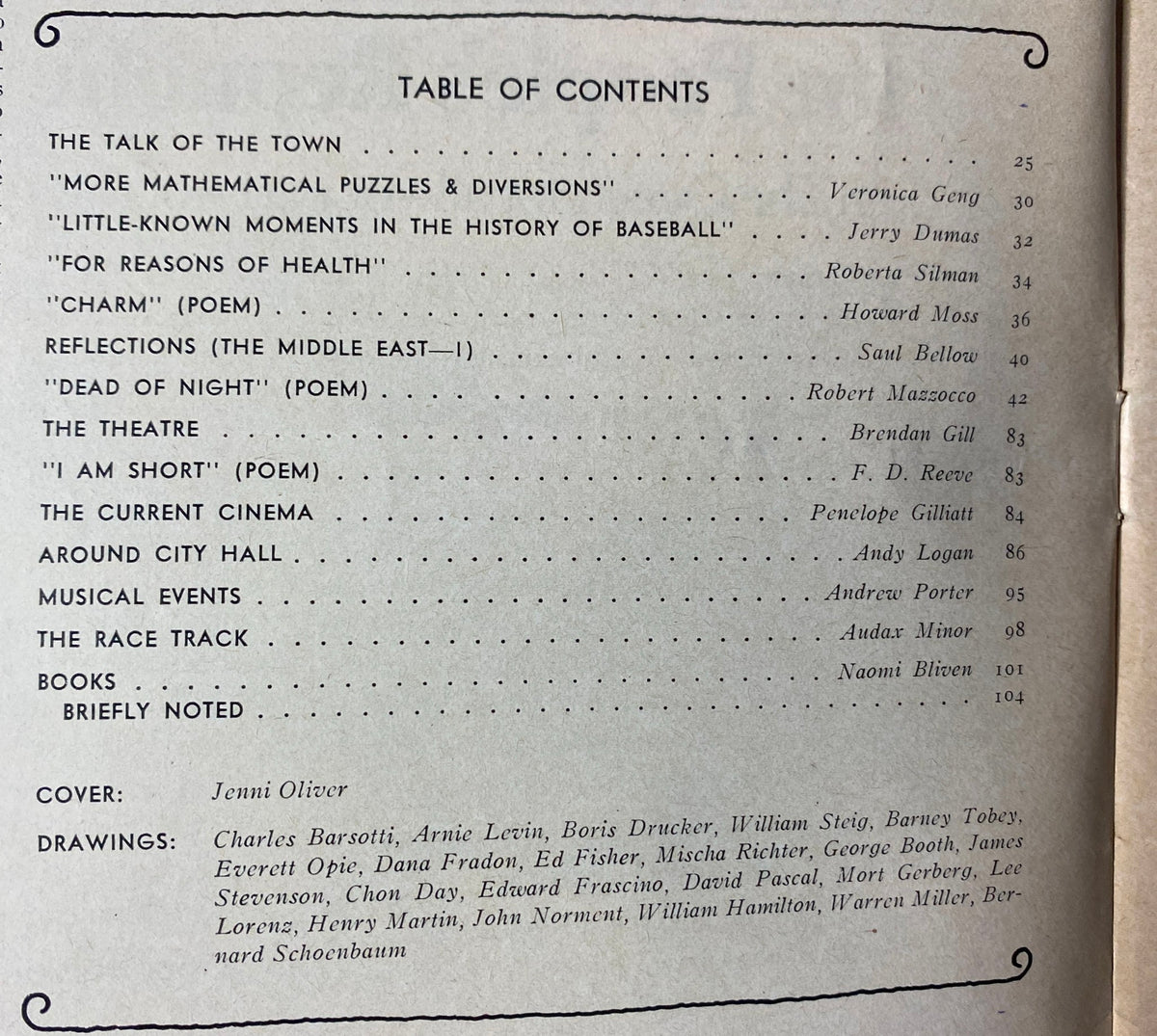 Table of contents from The New Yorker Full Magazine July 12, 1976, listing featured articles and contributors including Veronica Geng and Saul Bellow.