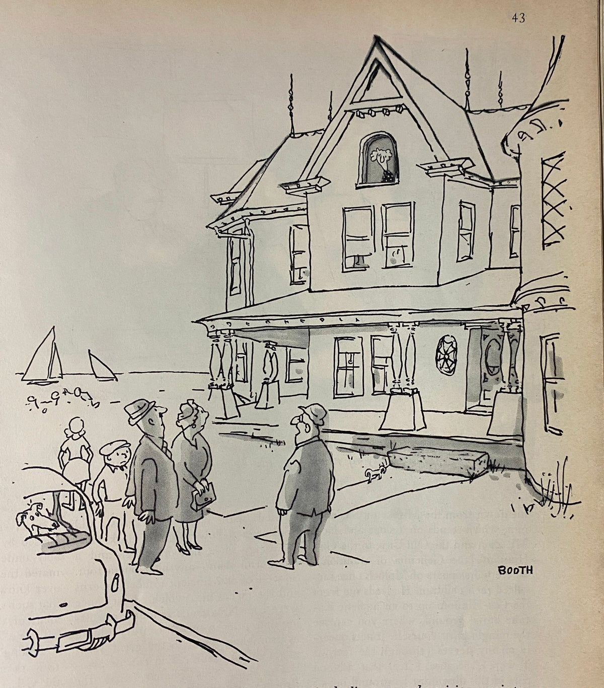 An illustration from The New Yorker Full Magazine July 12, 1976, depicting a whimsical scene with people in front of a house, drawn by artist George Booth.