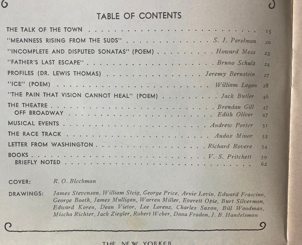 Table of contents from The New Yorker Full Magazine January 2, 1978 listing articles including "Meanness Rising from the Suds" and "Father’s Last Escape" with highlights of contributors.
