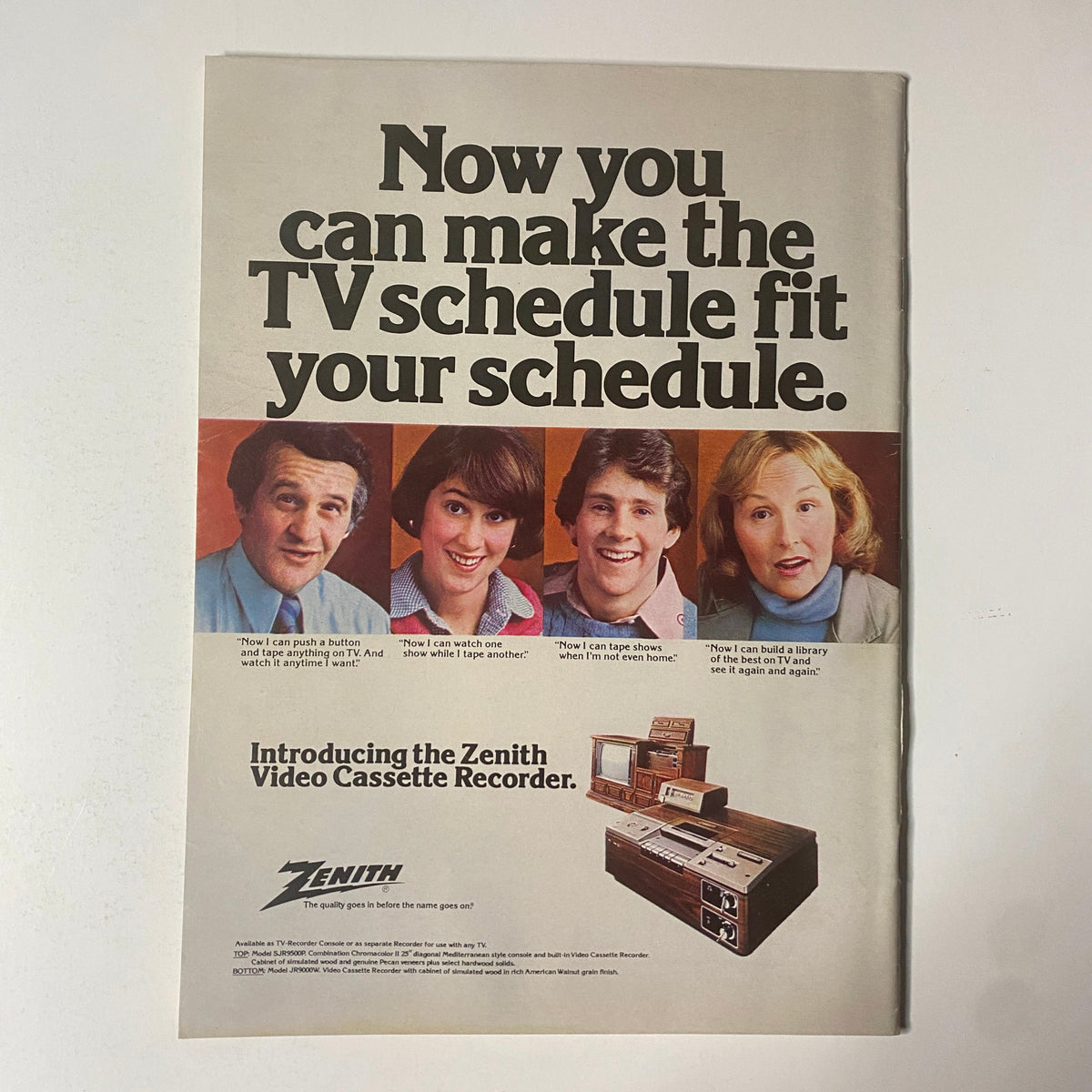 Vintage advertisement for Zenith Video Cassette Recorder showcasing family satisfaction with flexible TV viewing options. The New Yorker Full Magazine January 2, 1978 R.O. Blechman Cover.