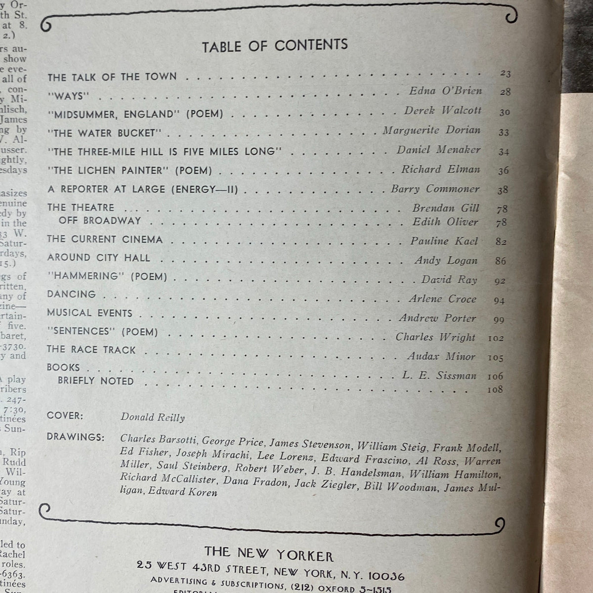 Table of contents page from The New Yorker magazine February 9, 1976, listing key articles and authors.