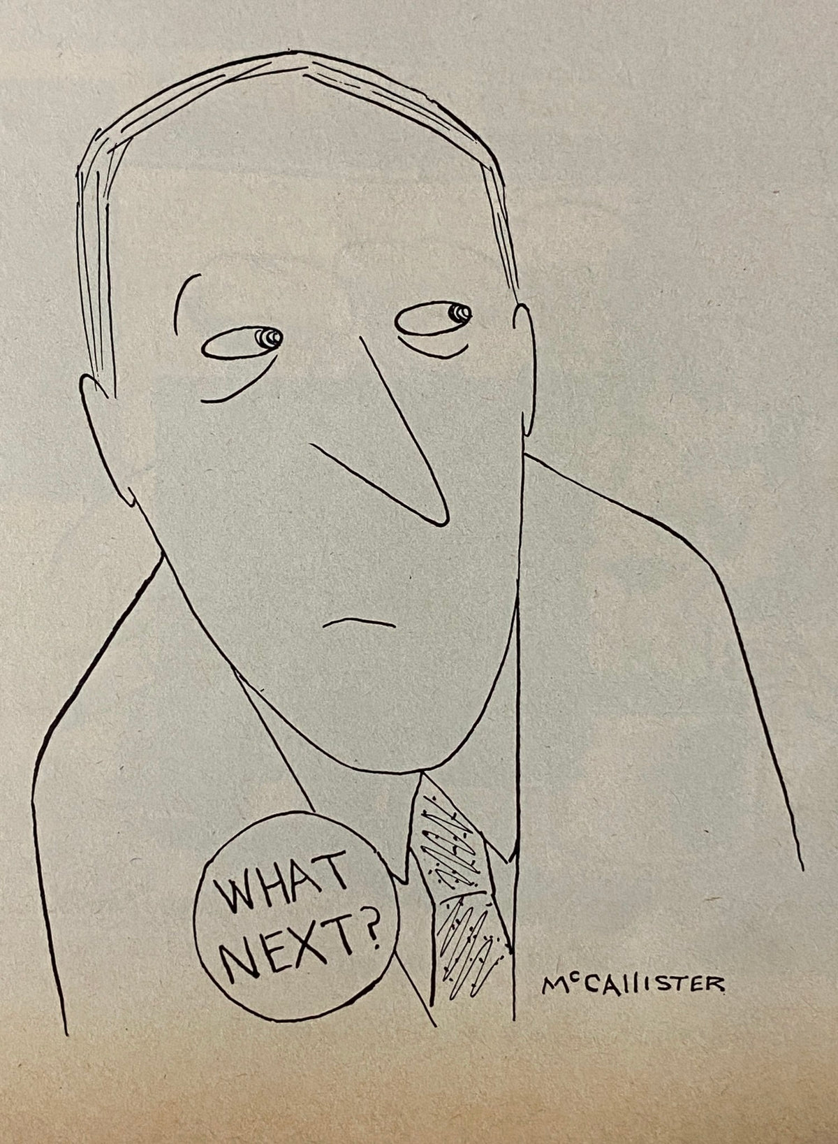 Cartoon illustration from The New Yorker magazine February 9, 1976, depicting a man with the caption 'WHAT NEXT?'