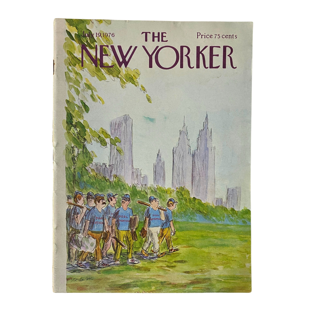 Cover of The New Yorker magazine dated July 19, 1976, featuring a striking illustration by James Stevenson, depicting a group of men in blue shirts walking in a park with city skyscrapers in the background.