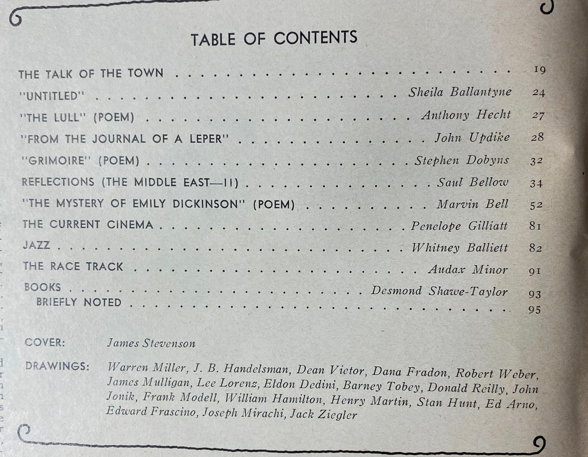 Table of contents from The New Yorker magazine, July 19, 1976, listing featured articles and poetry including works by Sheila Ballantyne, John Updike, and insights from Saul Bellow, accompanied by illustrations from various artists.