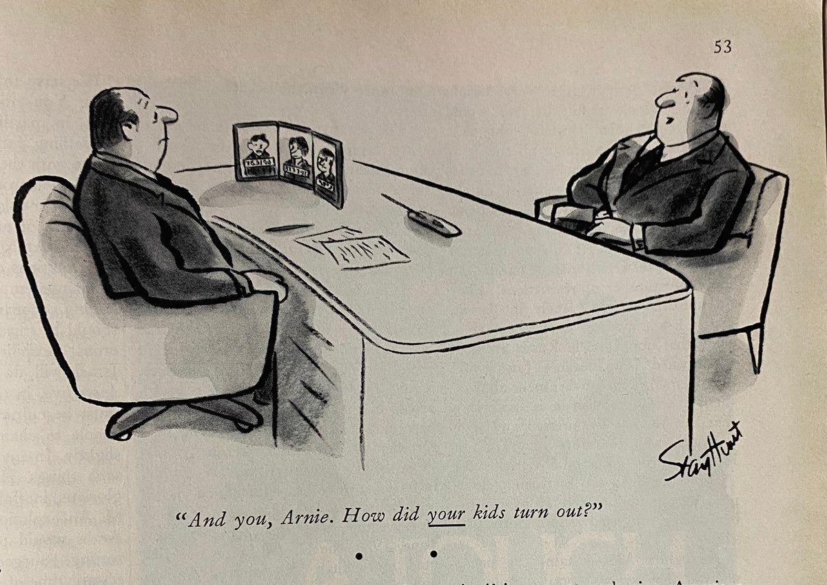 Cartoon illustration from The New Yorker magazine July 19, 1976 featuring a humorous conversation between two men about their children.