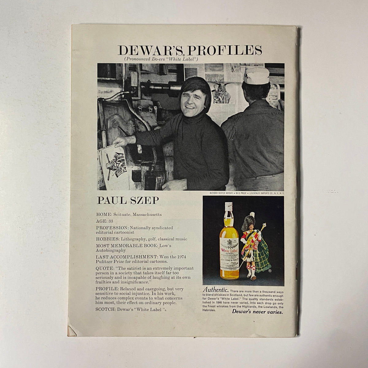 Profile page featuring Paul Szep in Dewar's Profiles section from The New Yorker magazine July 19, 1976, highlighting his career as a cartoonist.