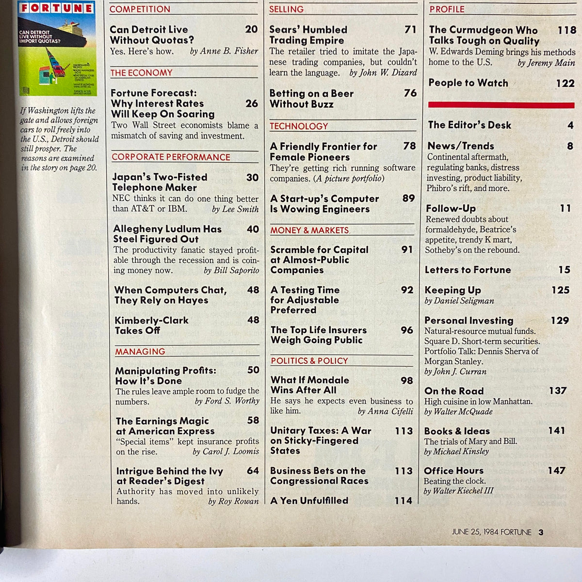 Table of contents from Fortune Magazine June 25, 1984, listing articles including 'Can Detroit Live Without Quotas?' and 'Fortune Forecast: Why Interest Rates Will Keep On Soaring'.