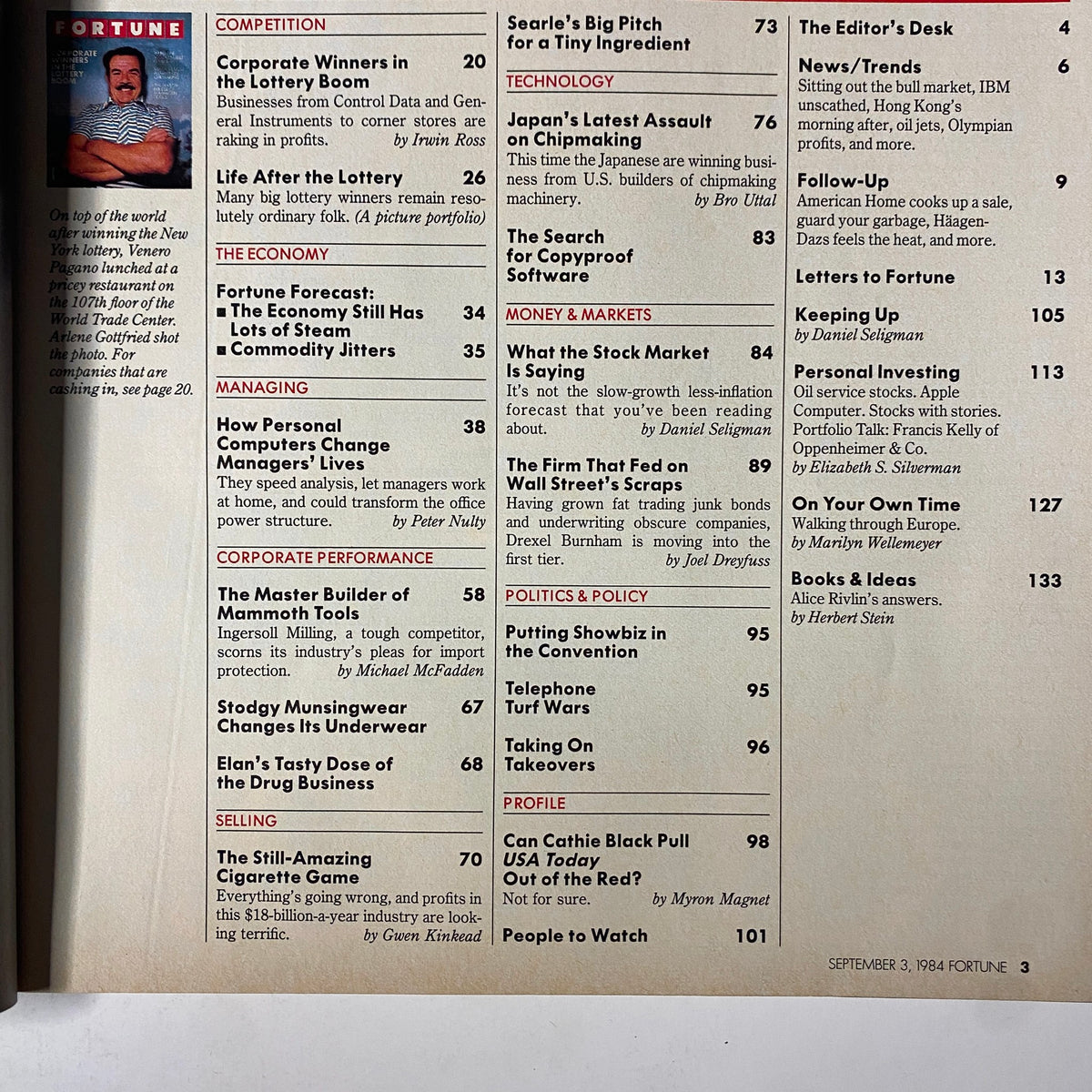 Table of contents from Fortune Magazine September 3, 1984 featuring articles such as Corporate Winners in the Lottery Boom, Fortune Forecast, and How Personal Computers Change Managers' Lives.