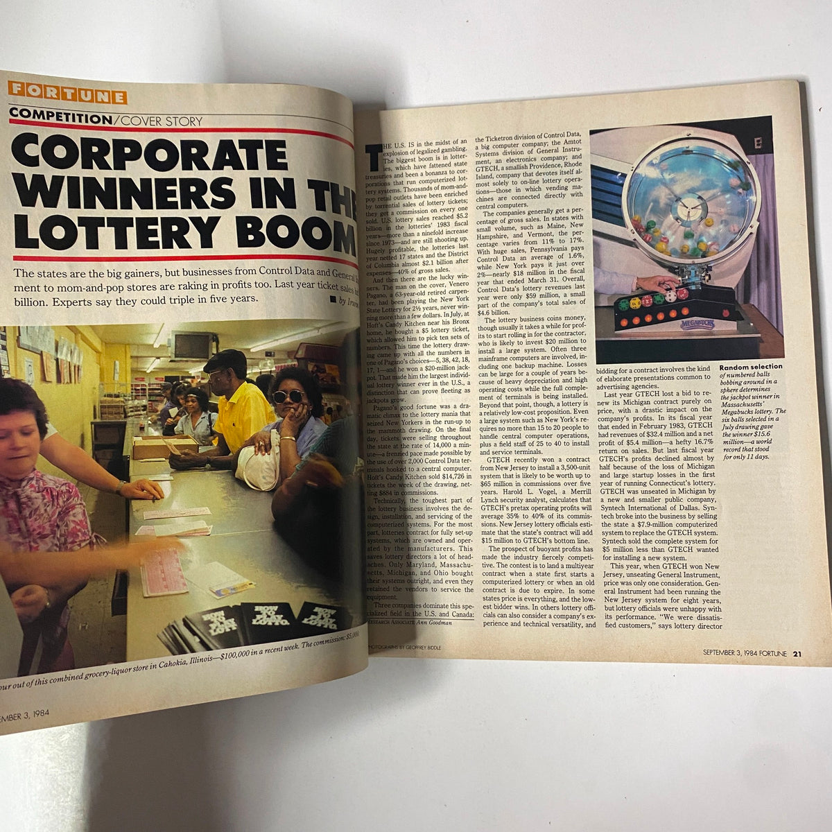 Page spread from Fortune Magazine September 3, 1984 highlighting the cover story Corporate Winners in the Lottery Boom with an image depicting people purchasing lottery tickets.