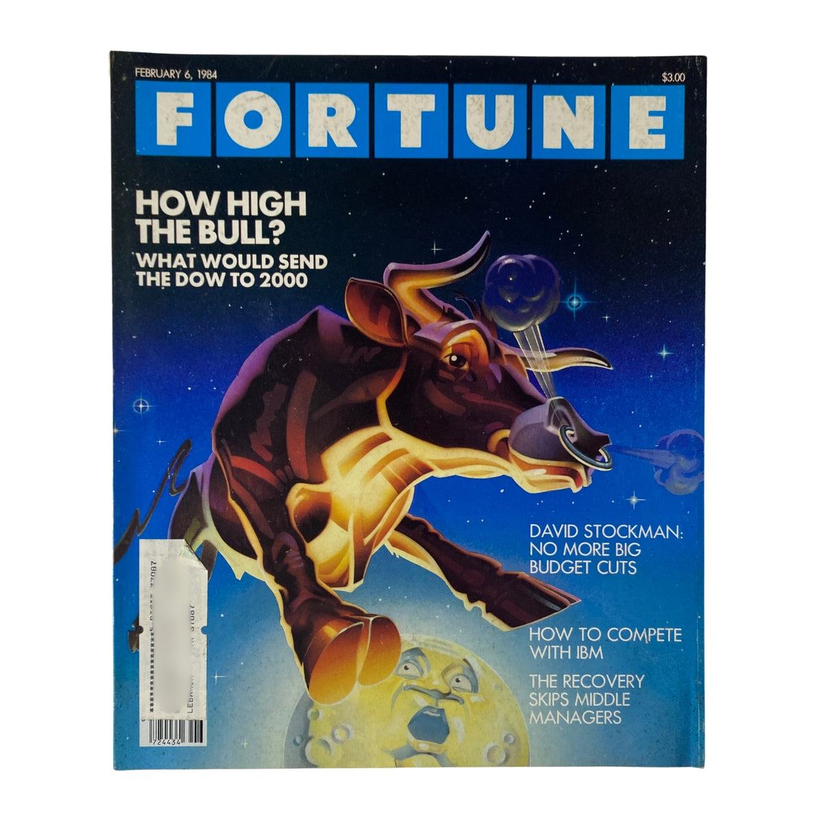 Cover of Fortune Magazine dated February 6, 1984 featuring the headline 'How High the Bull?' with an illustration of a bull, related to the article 'David Stockman: No More Big Budget Cuts'.