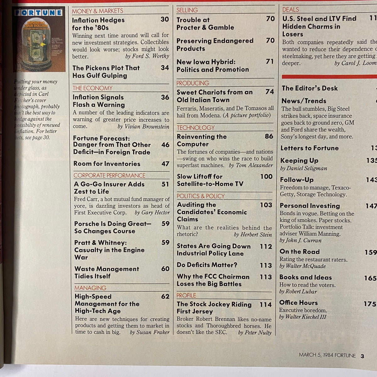 Contents page of Fortune Magazine March 5, 1984 listing articles and topics including 'Inflation Hedges for the ’80s' and 'High-Speed Management for the High-Tech Age.'