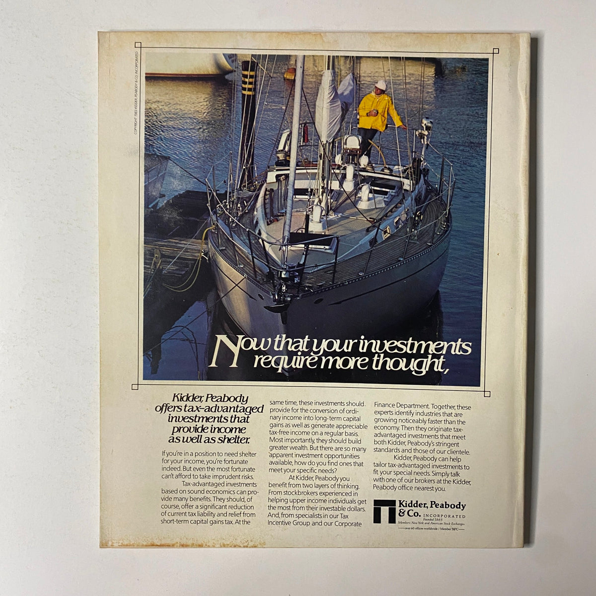 Advertisement page from Fortune Magazine March 5, 1984 promoting Kidder, Peabody, highlighting tax-advantaged investments for income and shelter, featuring a yacht in a harbor.