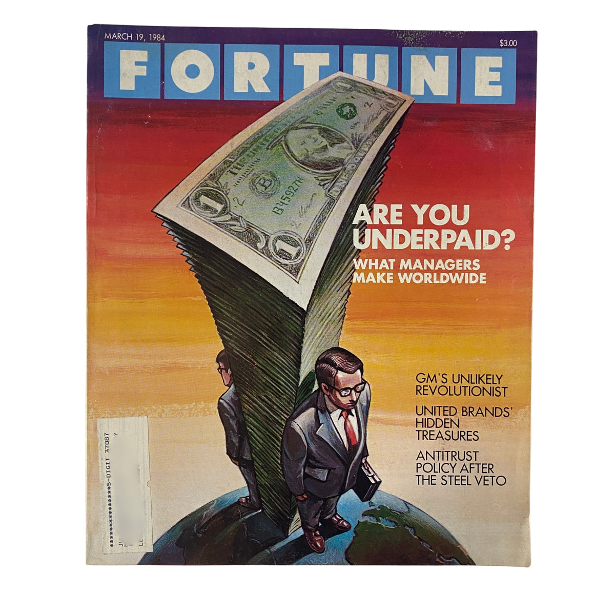 Cover of Fortune Magazine dated March 19, 1984, featuring the title 'Are You Underpaid? What Managers Make Worldwide', depicting a giant stack of money with two stylized businessmen on the globe.