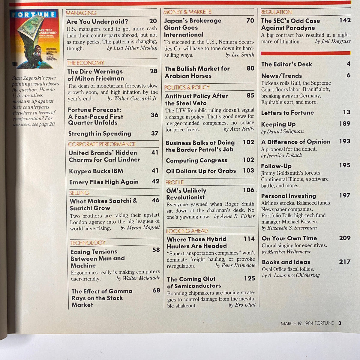 Table of contents from the March 19, 1984 issue of Fortune Magazine, highlighting articles related to management, economy, and corporate performance, including 'Are You Underpaid?'
