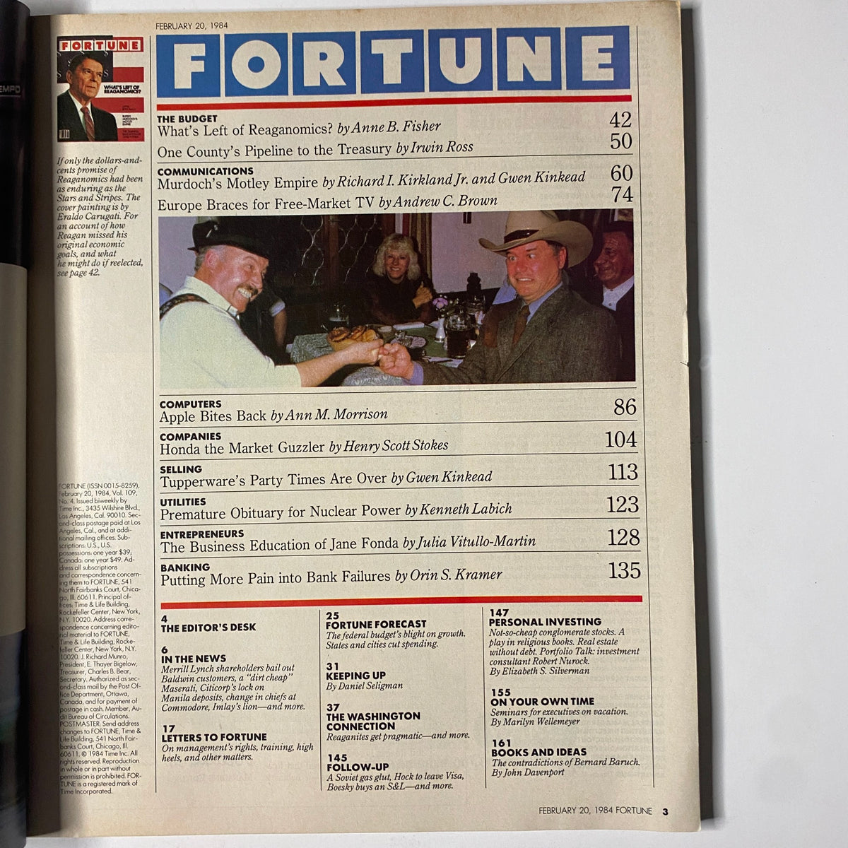 Table of contents page of Fortune Magazine February 20, 1984, highlighting articles including 'What's Left of Reaganomics?' and 'Apple Bites Back.'