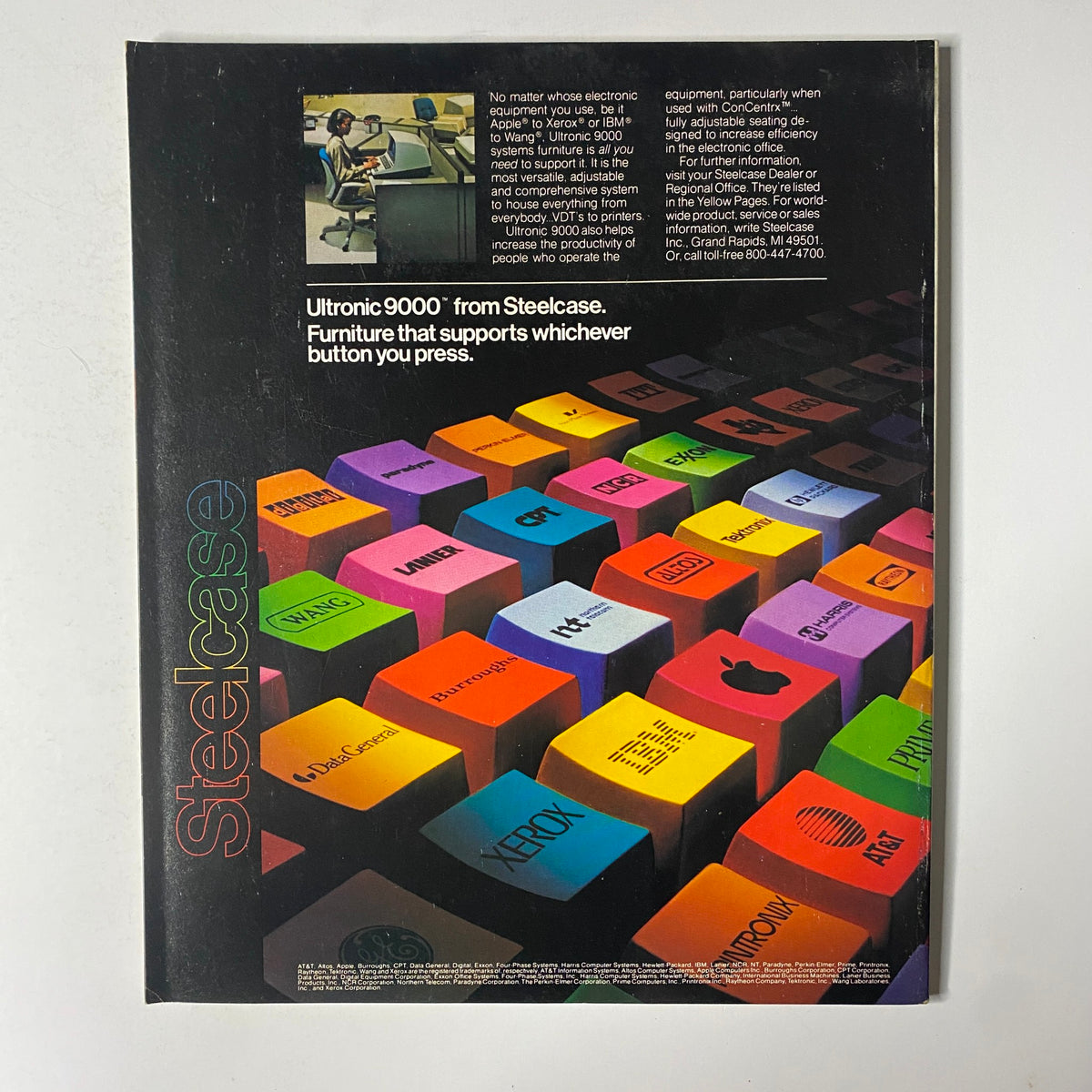 Ultronic 9000 from Steelcase ad featuring colorful computer keys, showcasing office furniture that enhances productivity, as seen in Fortune Magazine February 20, 1984 Ronald Reagan Cover.