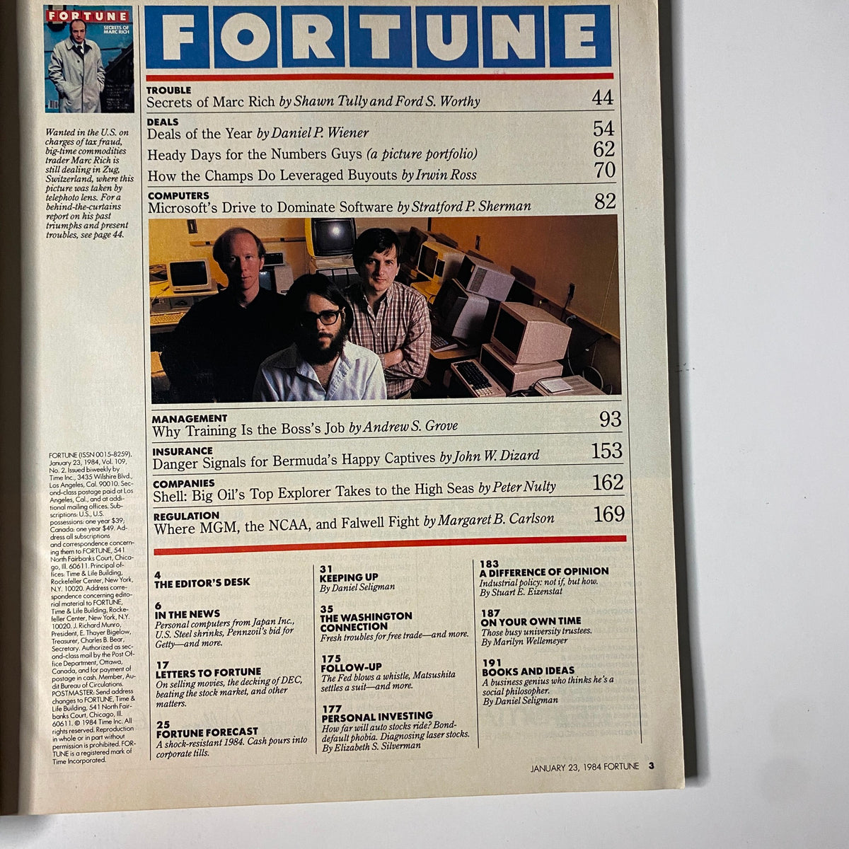 Table of contents page from Fortune Magazine January 23, 1984 detailing articles including 'Secrets of Marc Rich' and 'Microsoft's Drive to Dominate Software'.