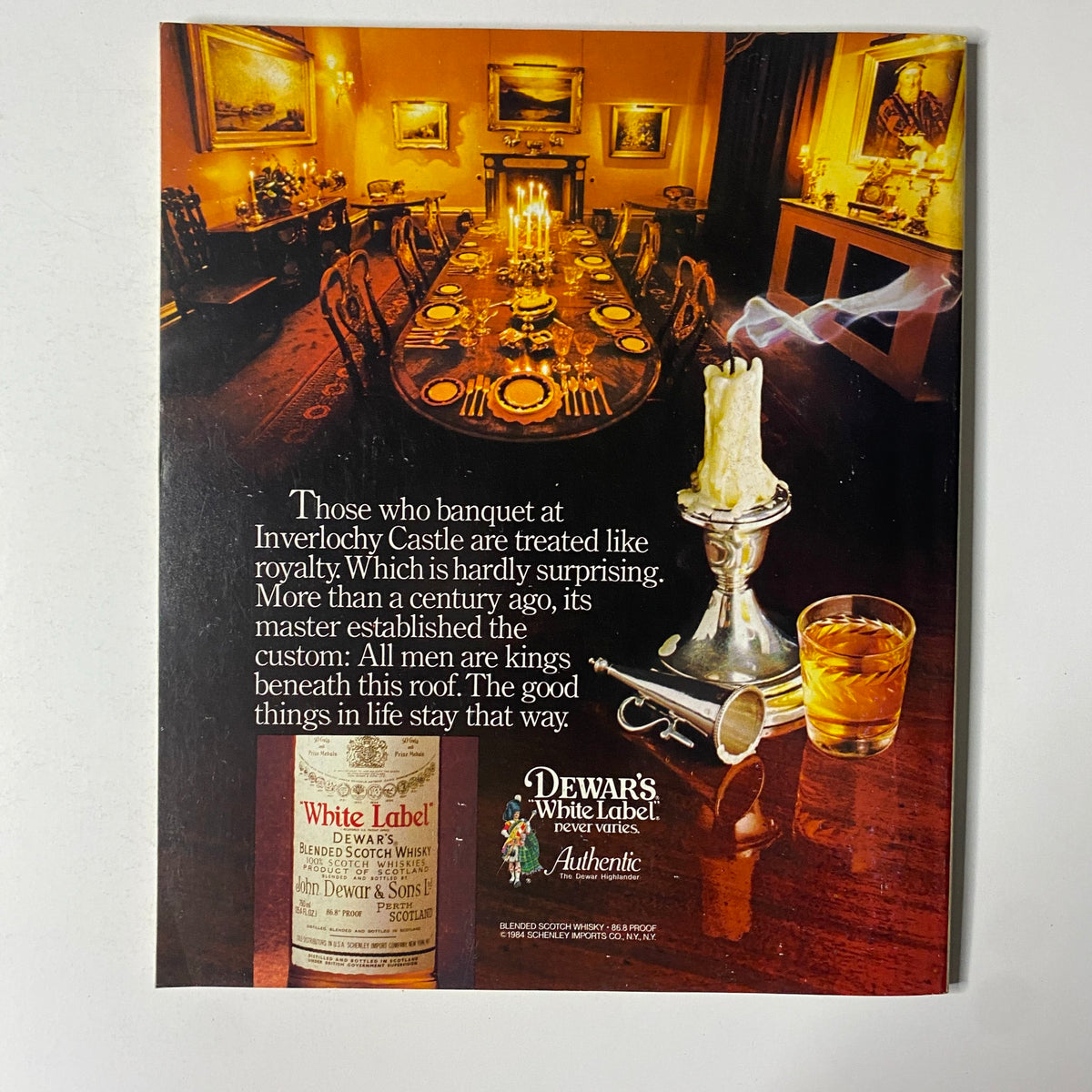 Advertisement from Fortune Magazine January 23, 1984 showcasing Dewar's White Label whiskey, set in an elegant dining room.