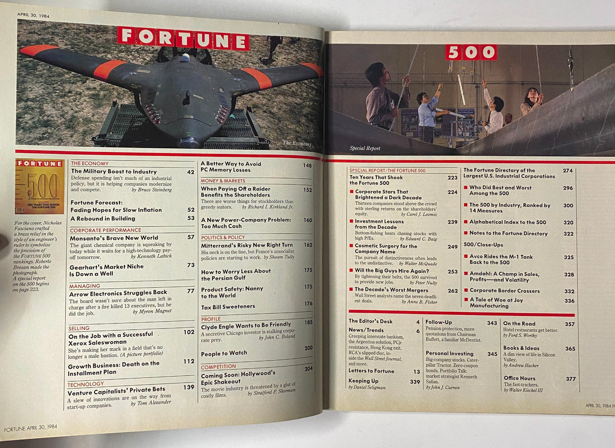 Fortune Magazine April 30, 1984 featuring the Table of Contents, showcasing articles on corporate performance, economic trends, and special reports from the Fortune 500.