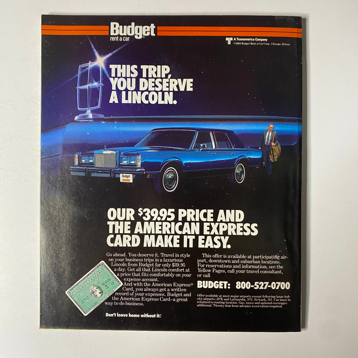 Advertisement from Fortune Magazine April 16, 1984, showcasing Budget Rent a Car's promotion for a Lincoln rental at $39.95 per day, featuring an American Express Card.
