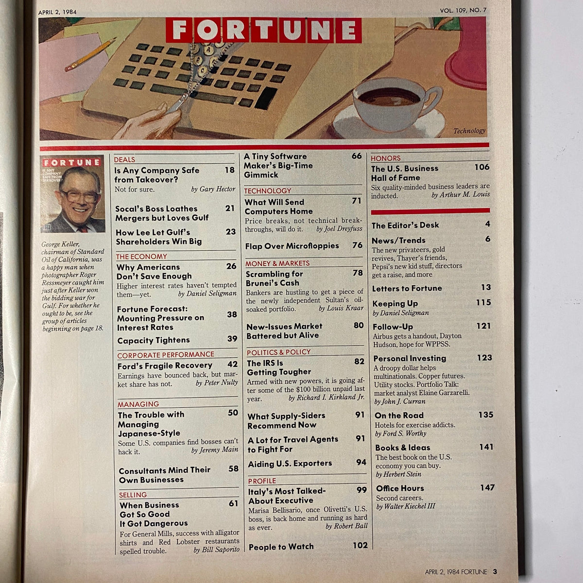 Contents page of Fortune Magazine April 2, 1984 displaying significant articles including 'Is Any Company Safe from Takeover?' and insights by George M. Keller.