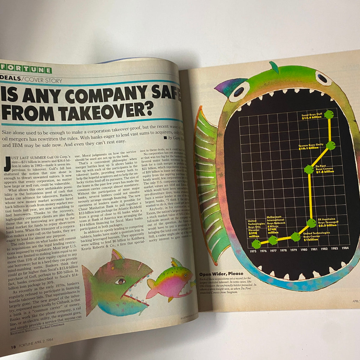 Inside article from Fortune Magazine April 2, 1984 discussing the cover story 'Is Any Company Safe from Takeover?' with illustrated graphics and key analyses.