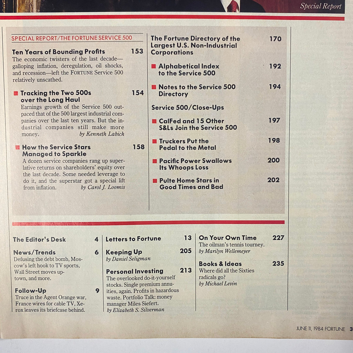 Inside pages of Fortune Magazine June 11, 1984, showcasing the table of contents and details about the 'Ten Years of Bounding Profits' report.