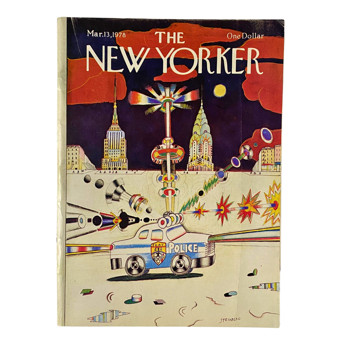Cover of The New Yorker magazine dated March 13, 1978, featuring a vibrant illustration by Saul Steinberg showcasing a police car and iconic New York City skyline.
