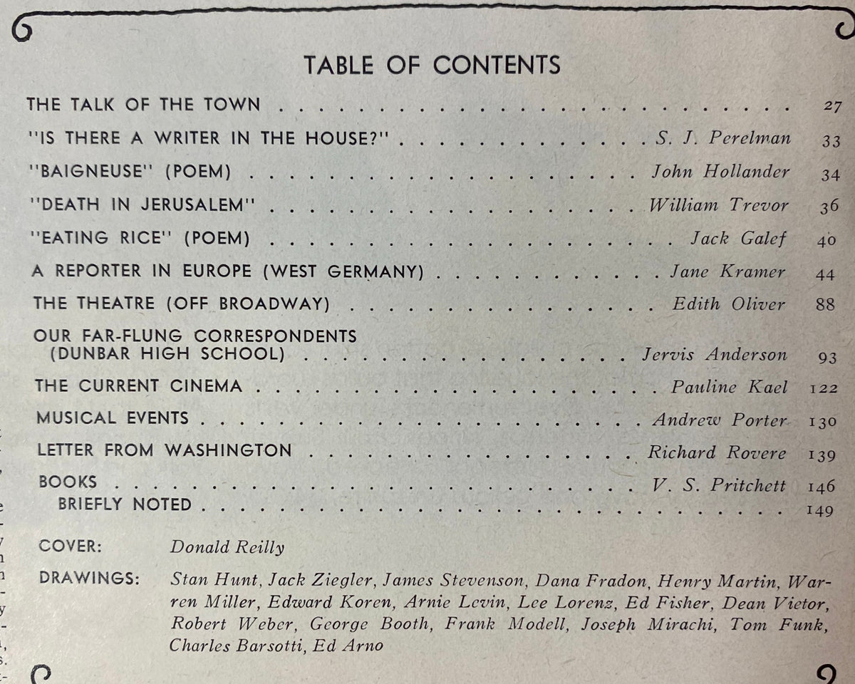 Table of contents from The New Yorker magazine, March 20, 1978, listing notable articles and contributions from various authors alongside the cover artist Donald Reilly.