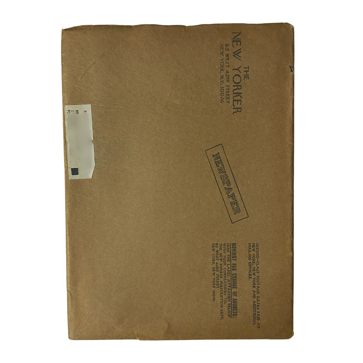 Back cover of The New Yorker magazine, April 14, 1975, displaying the original mailing envelope with address details and newspaper markings.