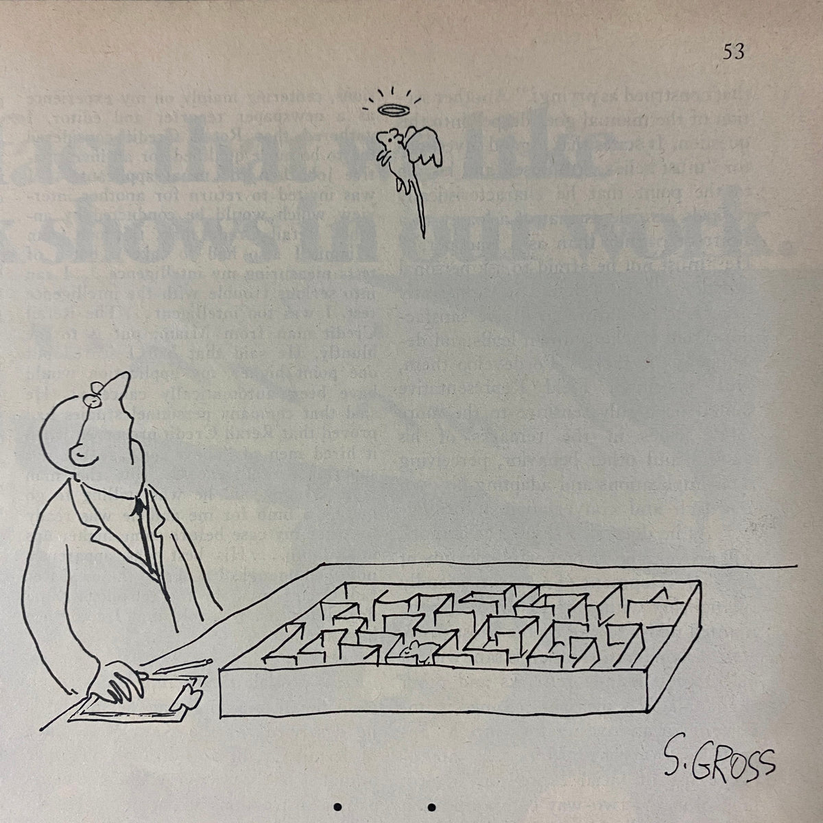 Cartoon illustration by S. Gross featured in The New Yorker full magazine April 21, 1975 depicting a man gazing at a maze with an angelic figure above.