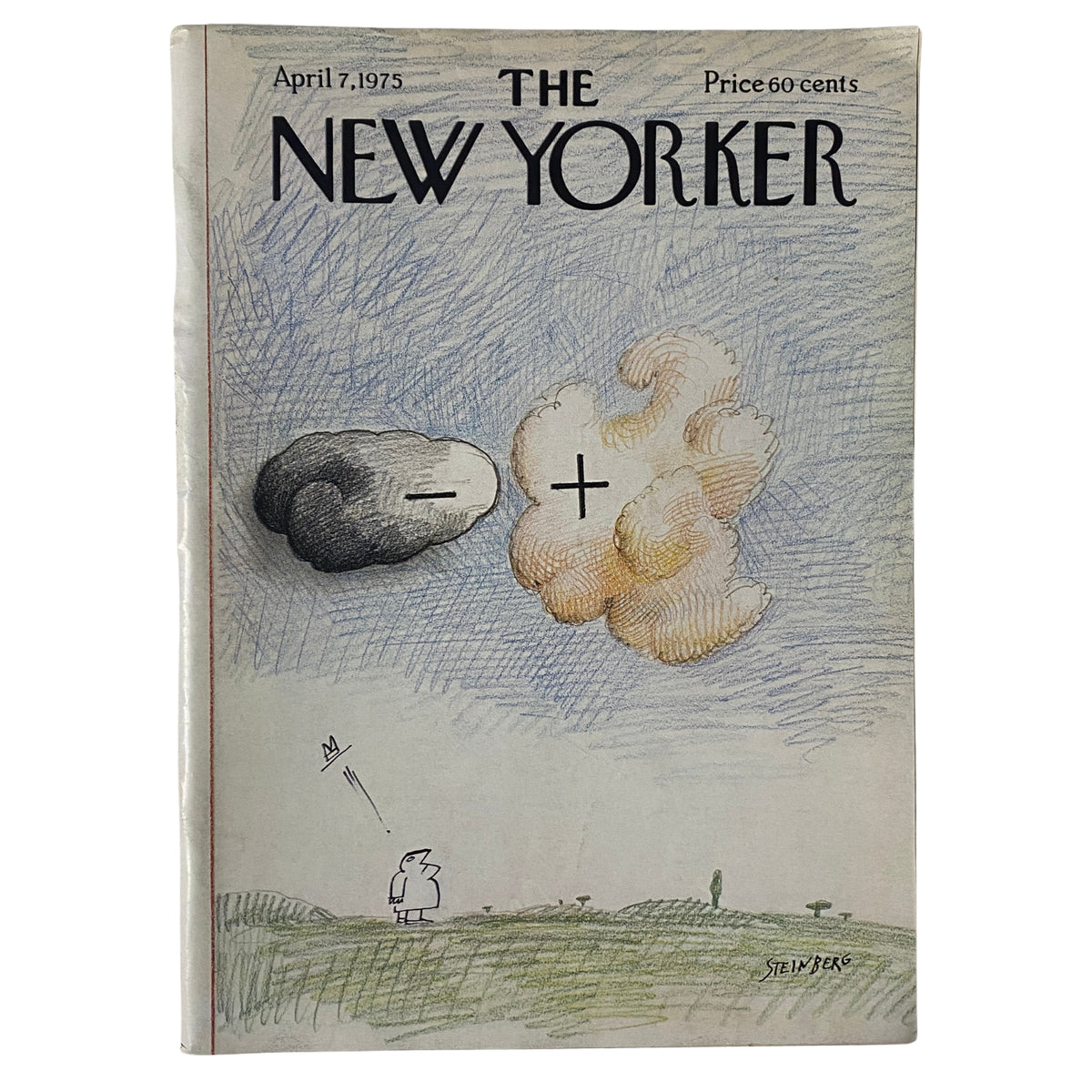 The New Yorker Full Magazine April 7, 1975, featuring an iconic cover illustration by Saul Steinberg depicting a minimalist landscape with clouds.