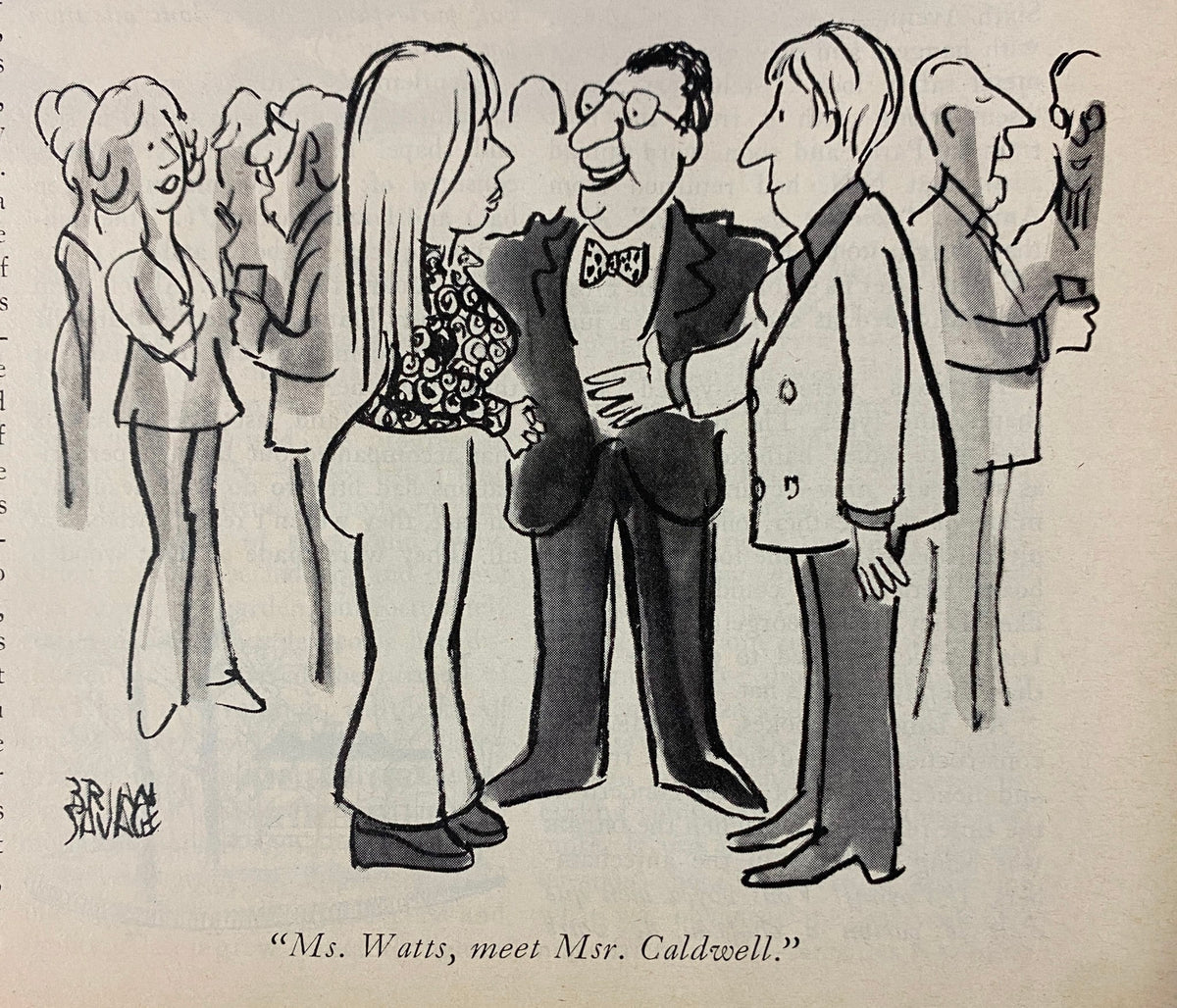 Cartoon illustration from The New Yorker Full Magazine April 7, 1975, depicting social interaction at an event with characters in formal attire.