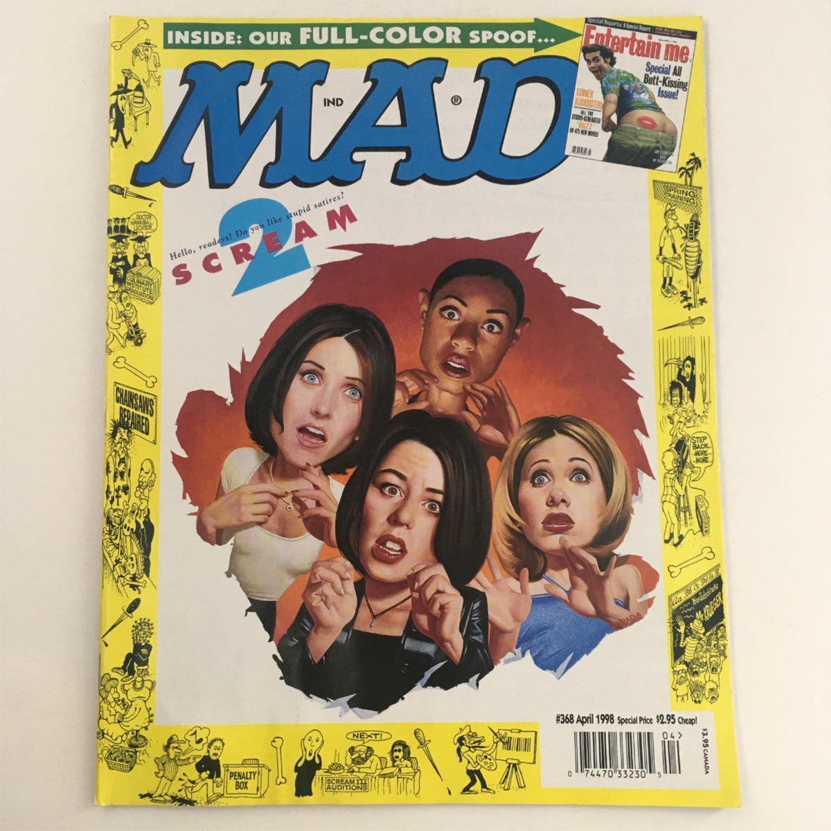 Cover of Mad Magazine April 1998 No. 368 featuring a humorous parody of Scream 2 with illustrated characters expressing dramatic fear.