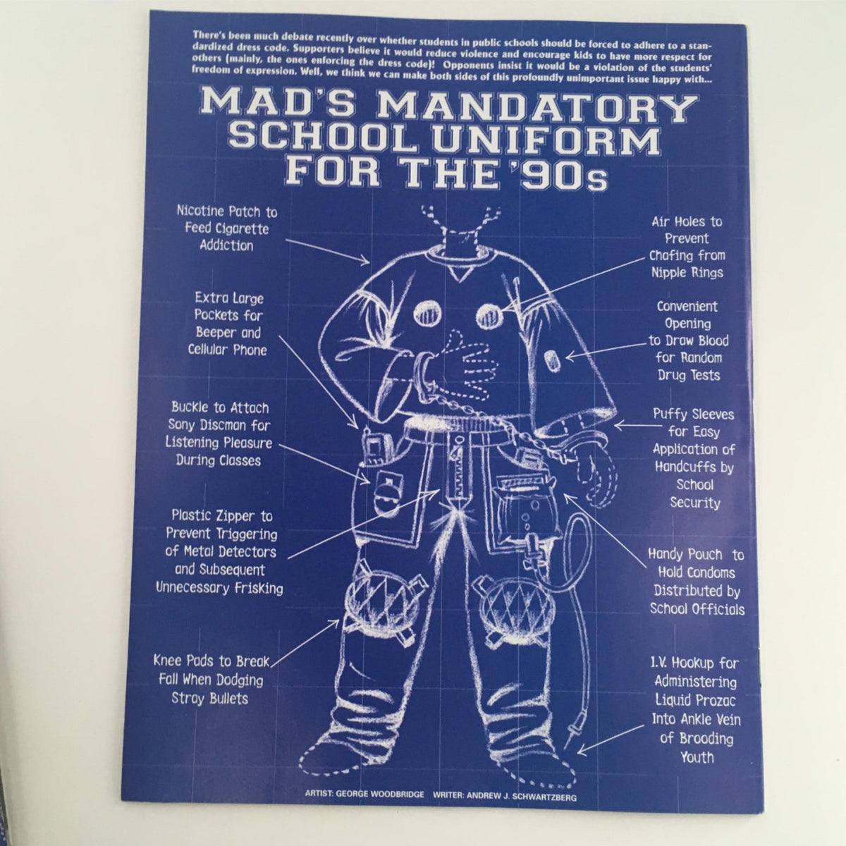 Back cover of Mad Magazine October 1996 No. 350 illustrating a humorous take on mandatory school uniforms for the '90s with quirky features and explanations.