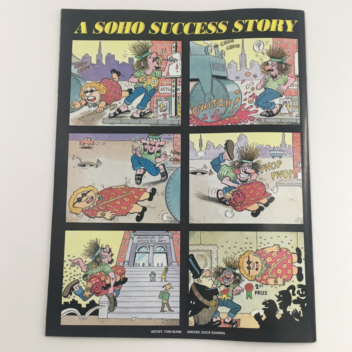 Back cover illustration of Mad Magazine July 1996 No 347, titled 'A Soho Success Story,' displaying six panels of comic-style artwork by Tom Bunk, highlighting comedic scenarios.