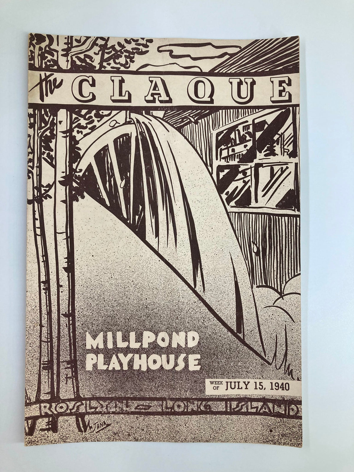 Cover of the 1940 magazine 'The Claque Millpond Playhouse Soft Shoulders' featuring a vintage illustration of the Millpond Playhouse.