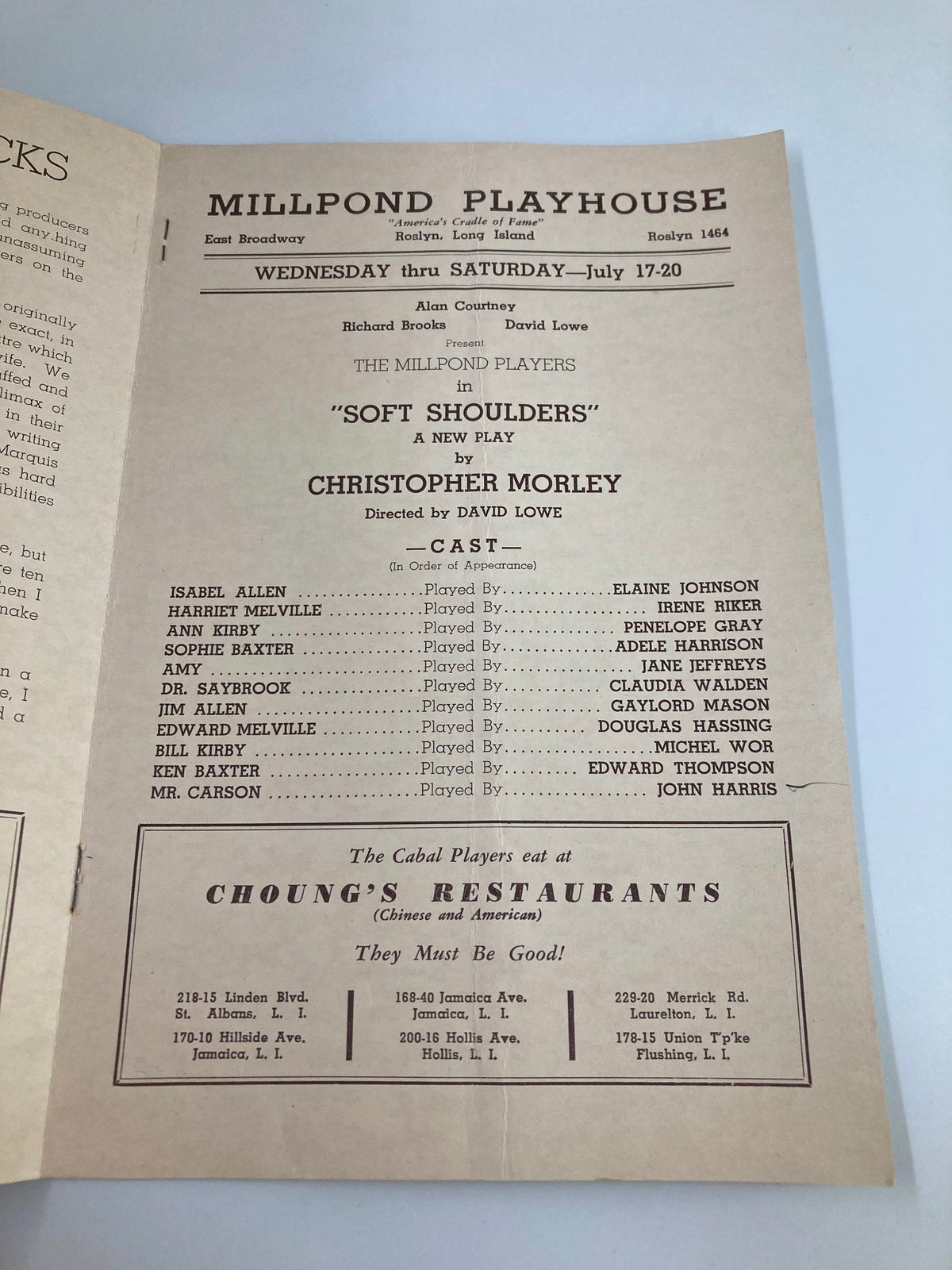 Interior page from the 1940 issue of 'The Claque Millpond Playhouse Soft Shoulders', showcasing cast details for the play 'Soft Shoulders' by Christopher Morley.