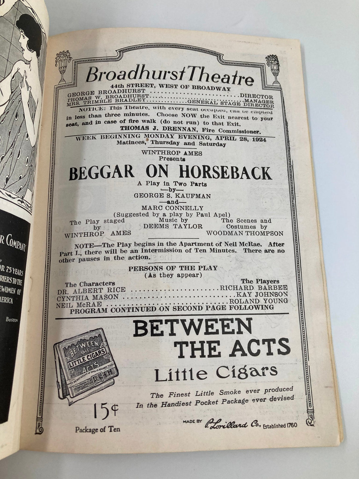 Inside page of the Broadhurst Theatre magazine detailing the play "Beggar on a Horseback" by George S. Kaufman, including cast information and production insights from 1924.