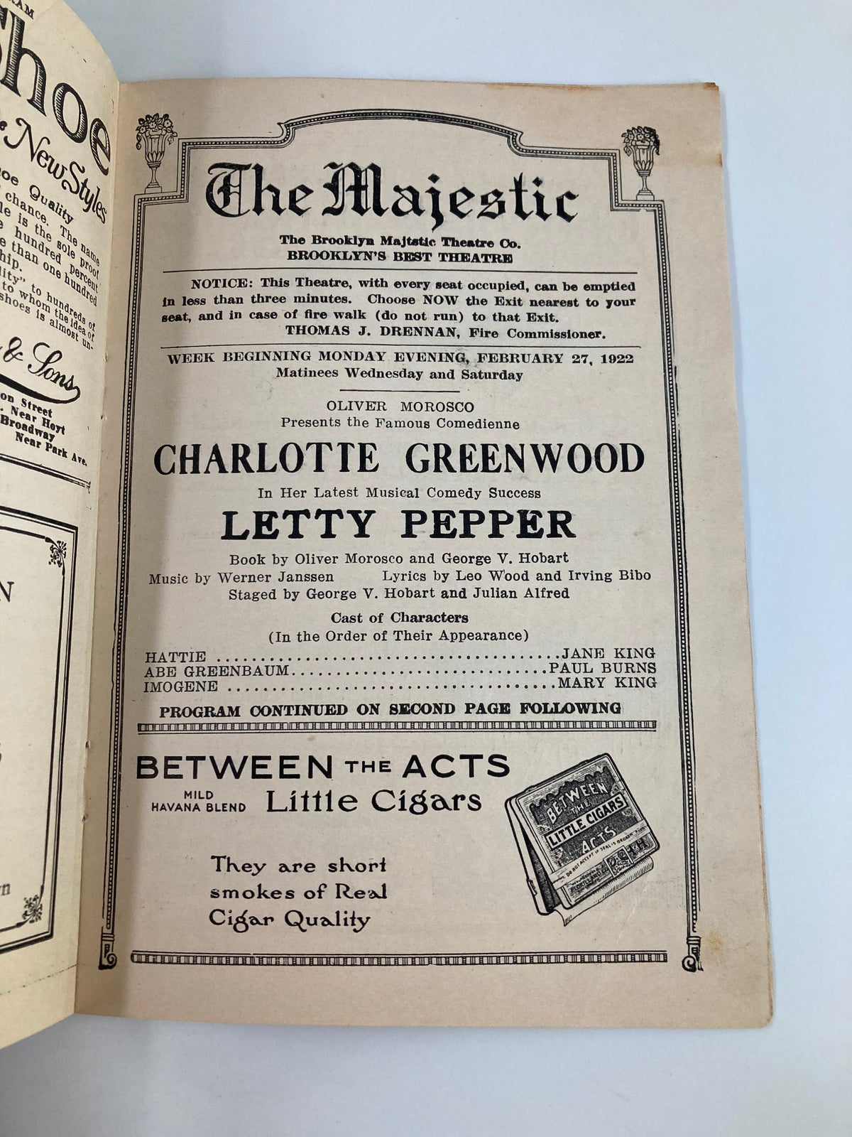 Inside page of the 1922 Majestic Theatre program showcasing Charlotte Greenwood and the musical Letty Pepper, detailing performance information and cast appearances.
