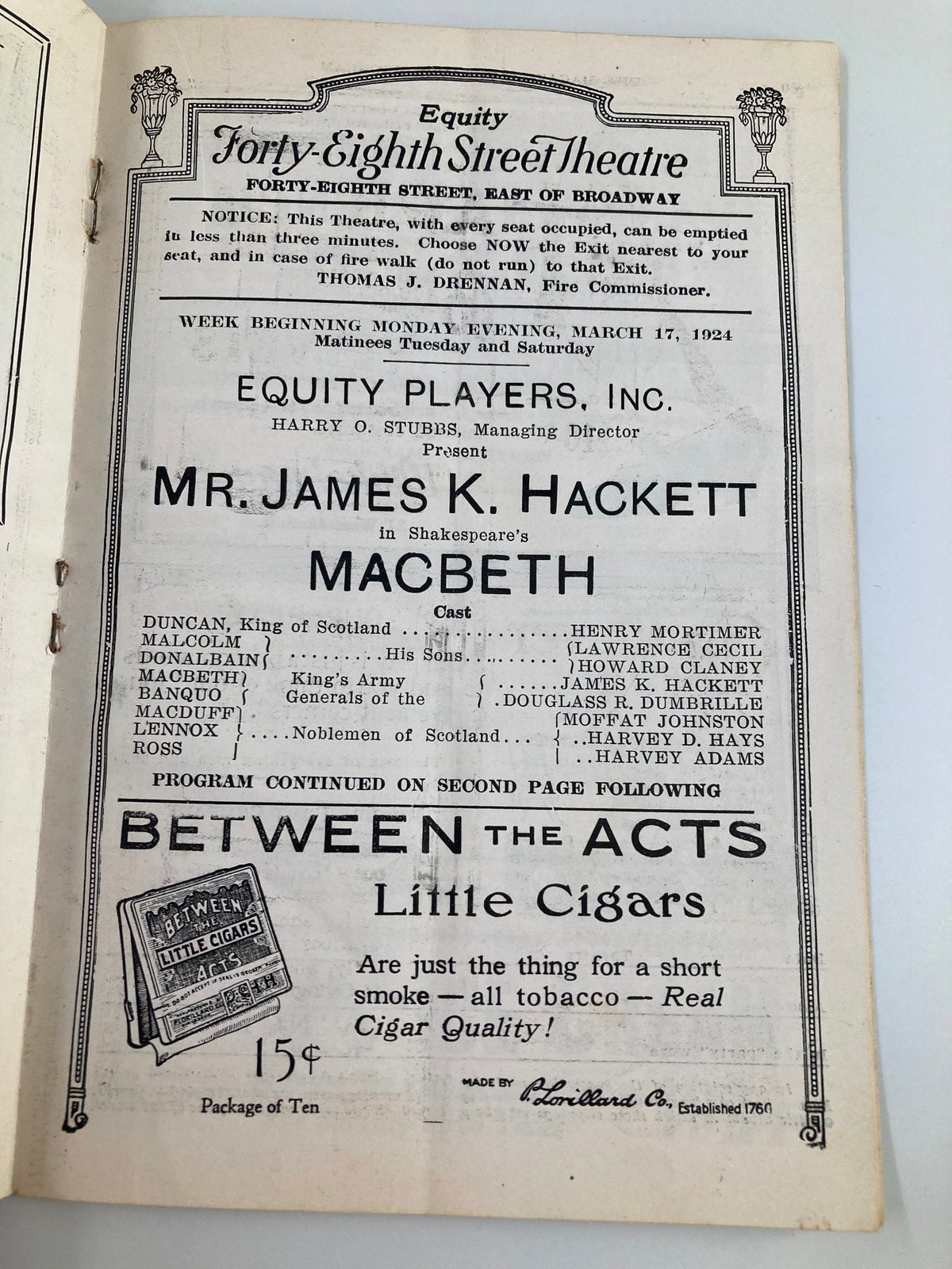 Interior page of the 1924 Equity Players Inc. Playbill showcasing Mr. James K. Hackett in Shakespeare's Macbeth, including cast details and theatrical information.