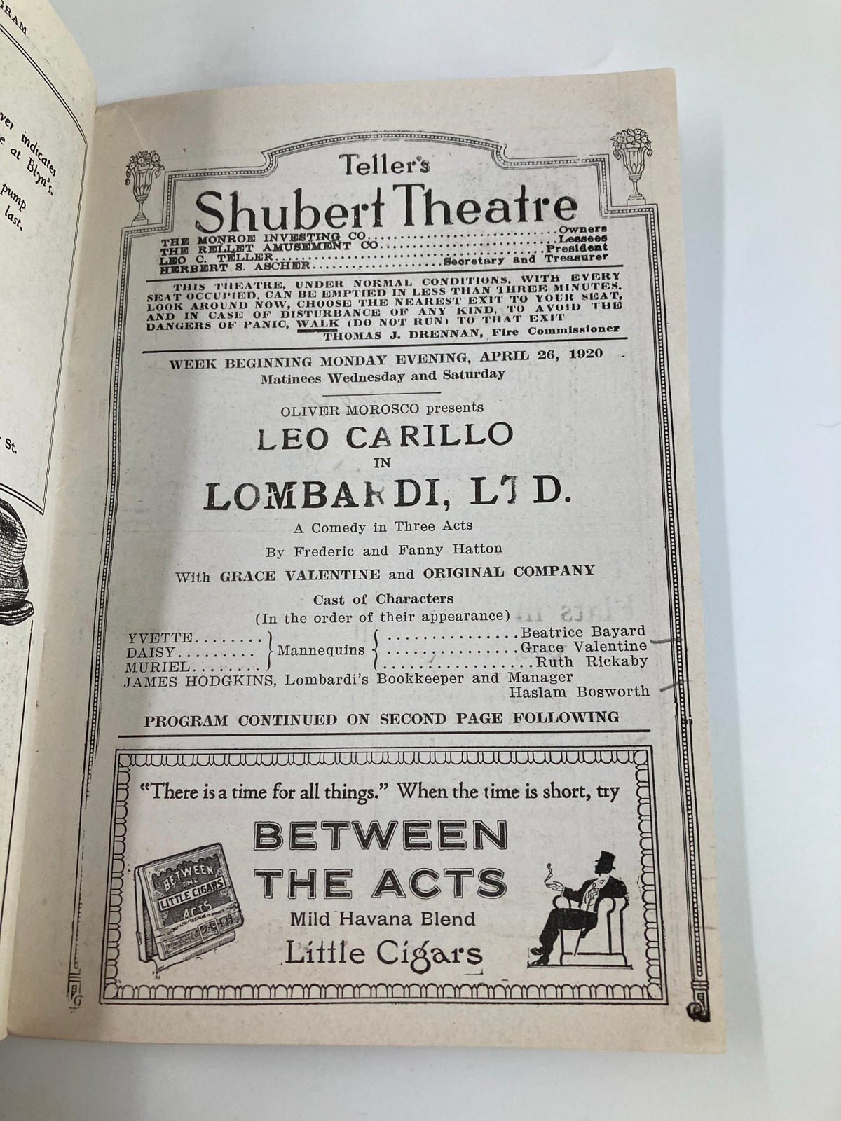 Inside page of the 1920 Teller's Shubert Theatre Playbill detailing the performance of Leo Carillo in 'Lombardi Ltd.' by Frederic Hatton.