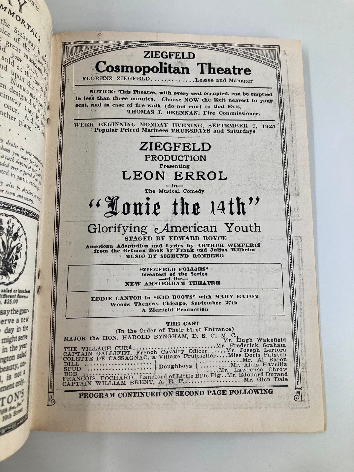 1925 Ziegfeld Cosmopolitan Theatre advertisement featuring Leon Errol in Lonie The 14th by Edward Royce, showcasing details of the production and performance dates.