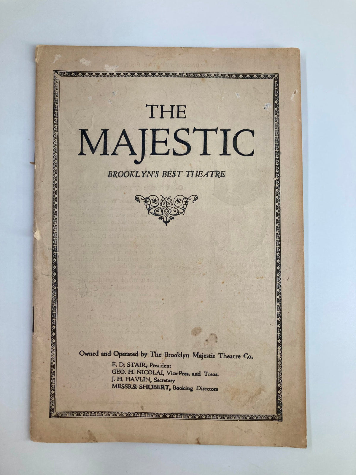 Cover page of the 1921 The Majestic Theatre Playbill, featuring the title 'The Majestic' and details about the Brooklyn's Best Theatre.