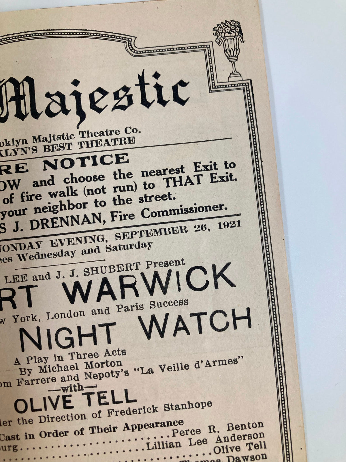 Close-up of the 1921 The Majestic Theatre Playbill showcasing Robert Warwick and details about the play 'In The Night Watch'.