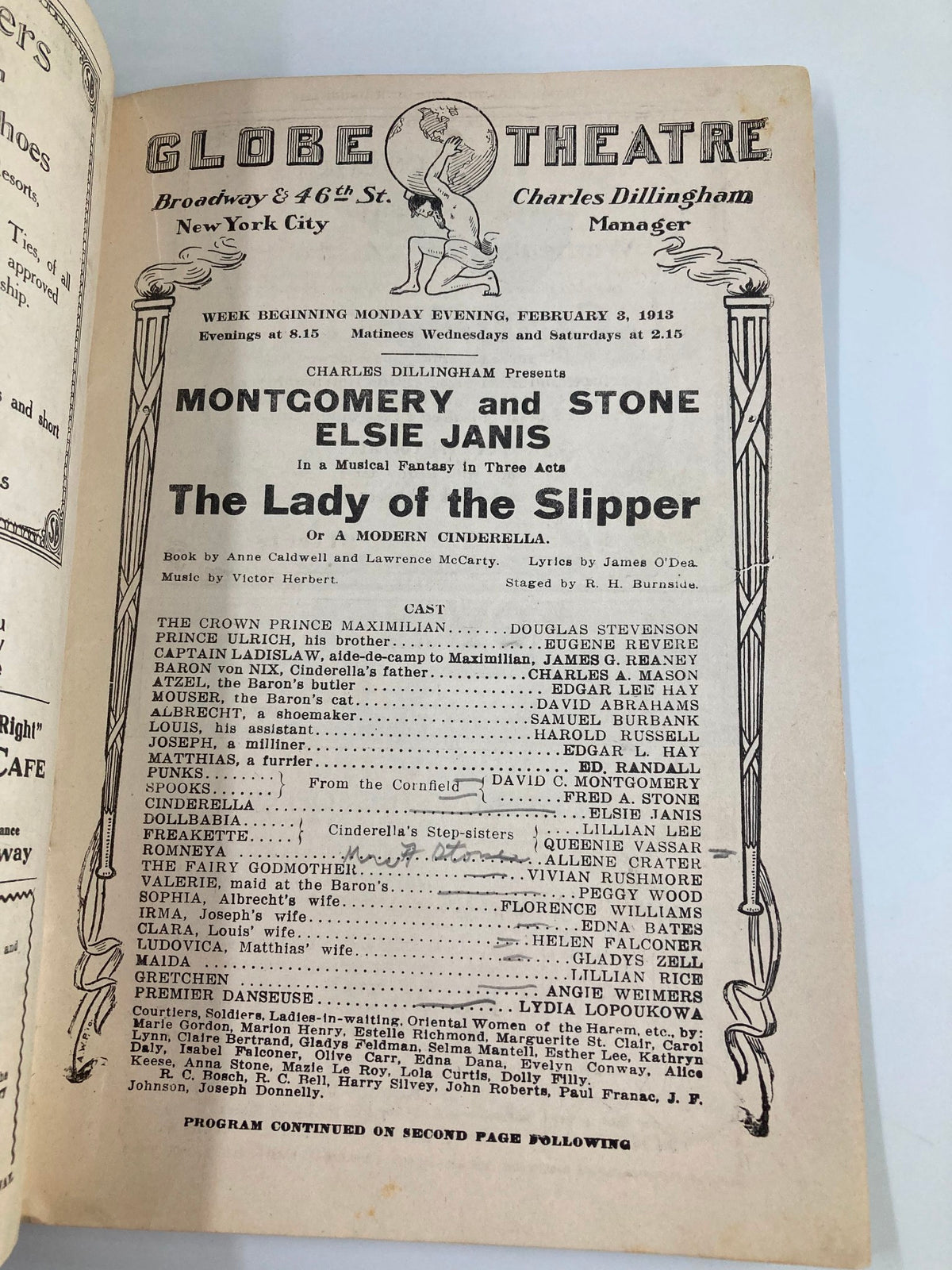 Interior page of the 1913 Globe Theatre Playbill detailing the performance of Montgomery & Stone and Elsie Janis in The Lady of the Slipper.